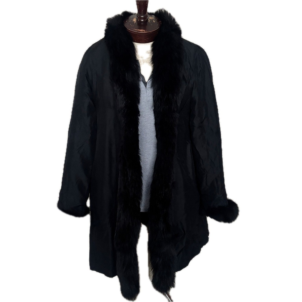 3K Gorgeous Sheared Mink Fox Trim Silk Reversible Coat Jacket‎ Black Women Sz 12